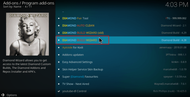 Select Diamond Build Wizard to Install on Kodi