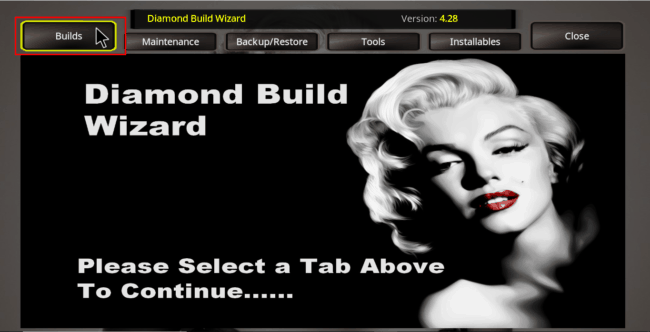 Select Builds on the Diamond Build Wizard on Kodi