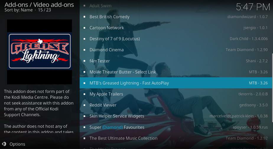 Select the MTB's Greased Lightning - Fast Autoplay to Install on Kodi