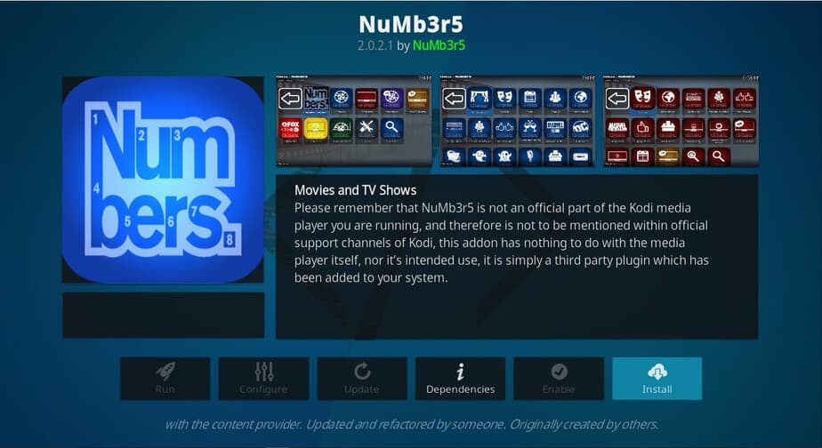 Hit Install to proceed with Numbers Addon Install on Kodi