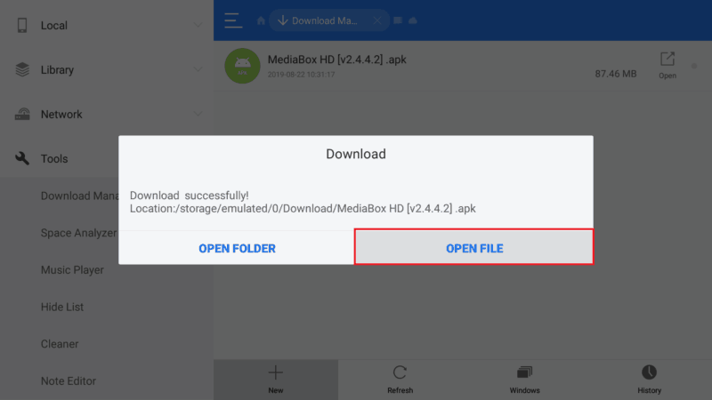 Open the APK file to Install MediaBox HD on Android TV Box