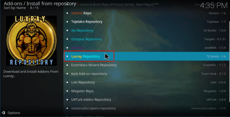Proceed with the install Luxray Video Addon by selecting Luxray Repository