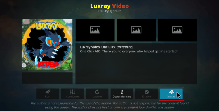 Hit the button "Install" to install Luxray Video Addon on Kodi