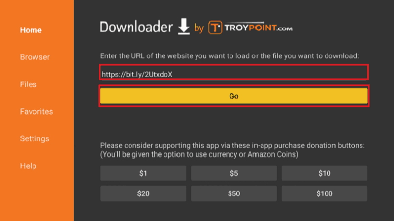 On the Downloader app, enter the url of Titanium TV app to install it on your firestick