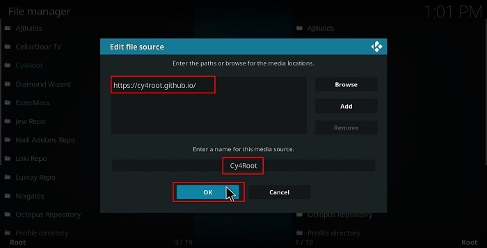 Enter the cy4root repo URL to install the repo that will be the base of the MirRoR Video Addon on Kodi