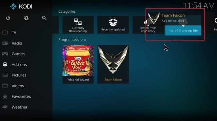 After the Team Falcon installs you may proceed with the Xontech Kodi Build install process