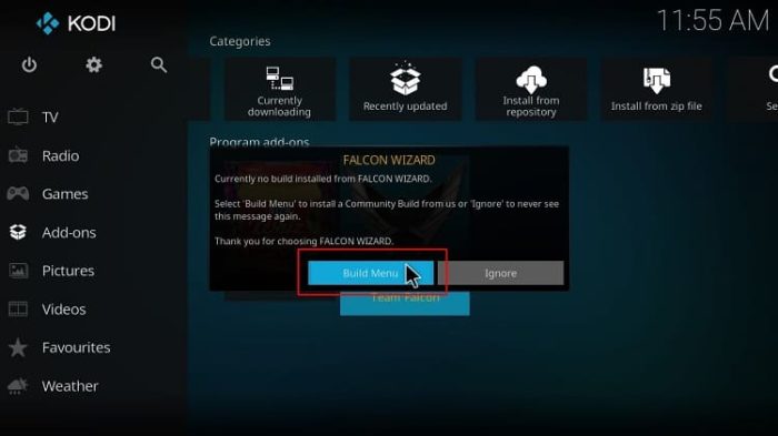 The Team Falcon Wizard will assist you to Install Xontech Kodi Build
