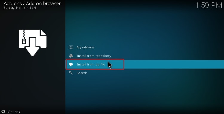 Select install from a zip file to install the Blue Magic repository for the build on Kodi