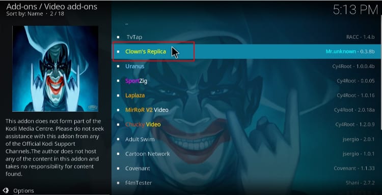 Choose Clowns Replica Addon to install on Kodi
