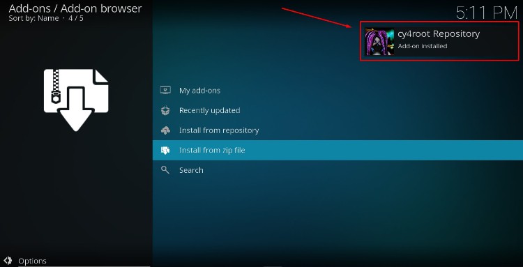 Wait for the successful install notification to appear on Kodi 