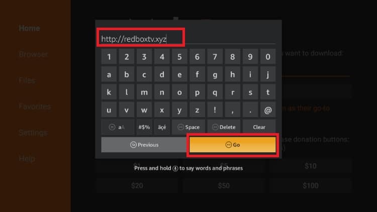 Enter the RedBox TV app url to install on your Firestick or Fire TV
