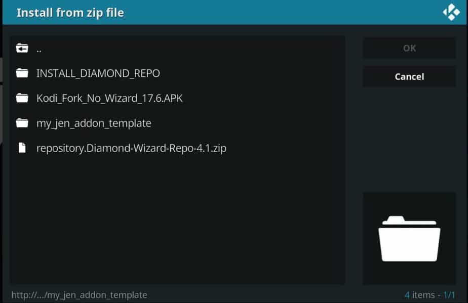 Select install from zip file to install the Diamond repo containing Locutus Kodi Addon