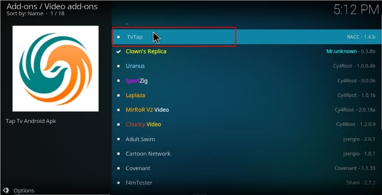 Select TVTap to install the addon on Kodi