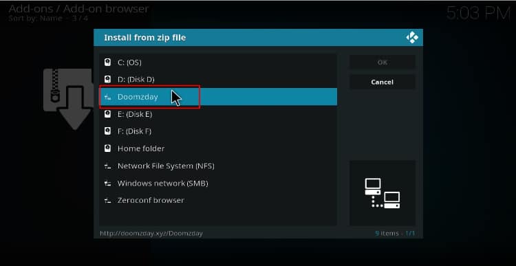 Select Doomzday to download the files to your Kodi