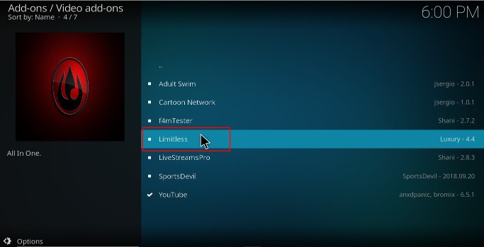 Select Limitless to Install the Addon on your Kodi