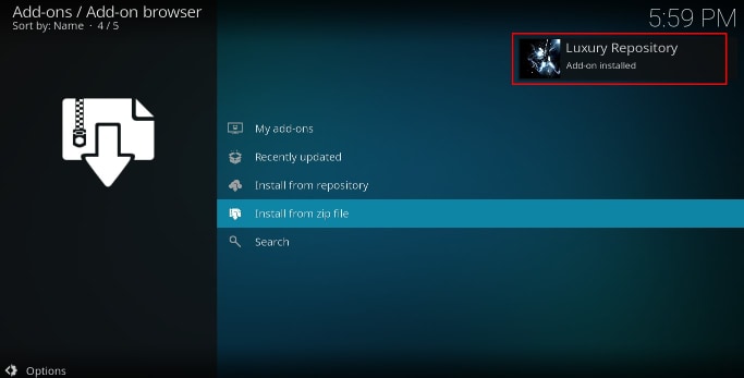 Wait for the Luxury repository successful install message to pop-up on Kodi