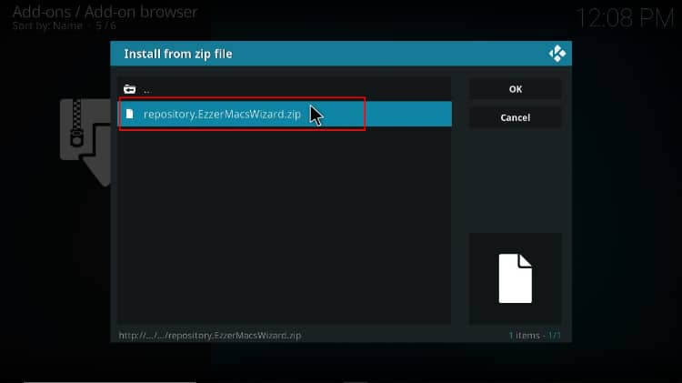 Select the zip file containing the EzzerMac repository to install on Kodi