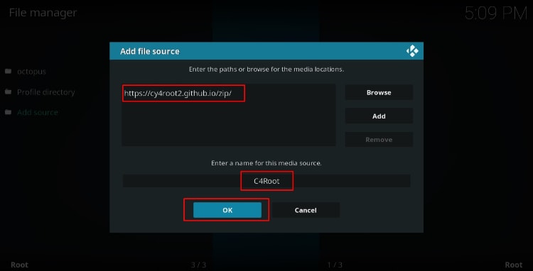 Enter the cy4root repo url source containing the Uranus addon to install on Kodi
