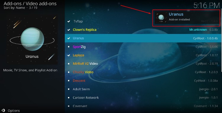 Wait for the successful Uranos Addon Install on Kodi to pop-up