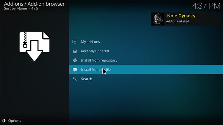 Wait for the NoleDynasty repository install to pop-up on Kodi