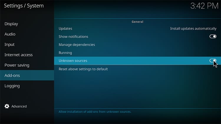 Allow Kodi access to unknown sources
