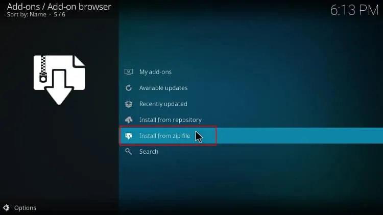 Select install from zip file on Kodi