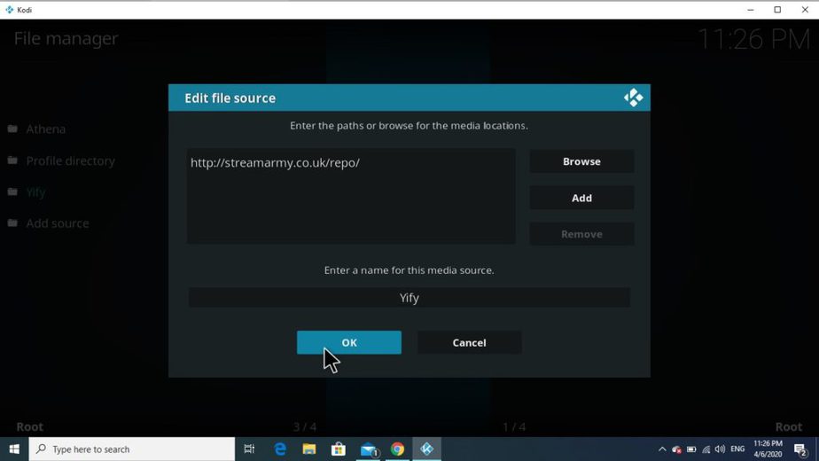 Enter the streamarmy repo's source before install Yify Addon to access HD Movies on Kodi