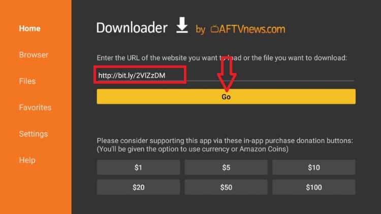 Write the url on Downloader to install ZiniTevi apk on Firestick