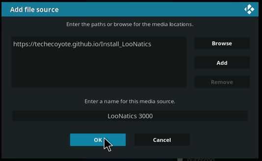 Write down the LooNatics 3000 Asylum repo containing the Addon to install on Kodi