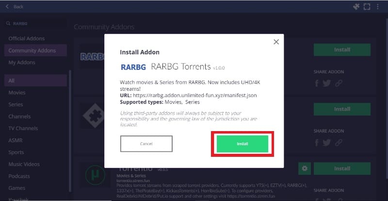 install RARBG torrents addon on Stremio
