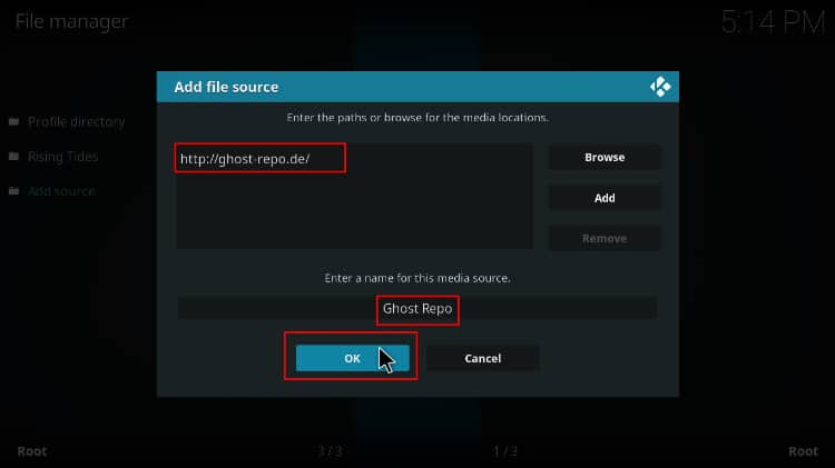 Enter the Ghost repository URL to install tvOne11 on Kodi