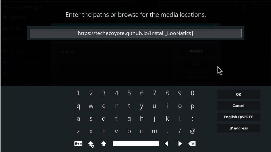 Enter the URL of the repository, containing the Loonatics Unleashed addon, on Kodi