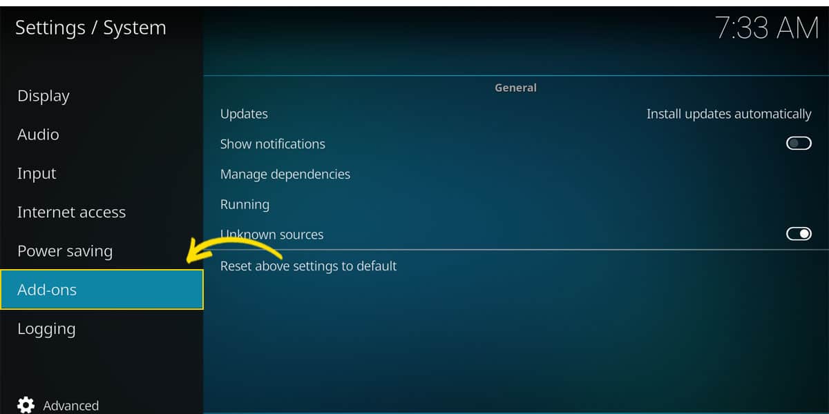 The section dedicated to Add-ons, in Kodi's settings