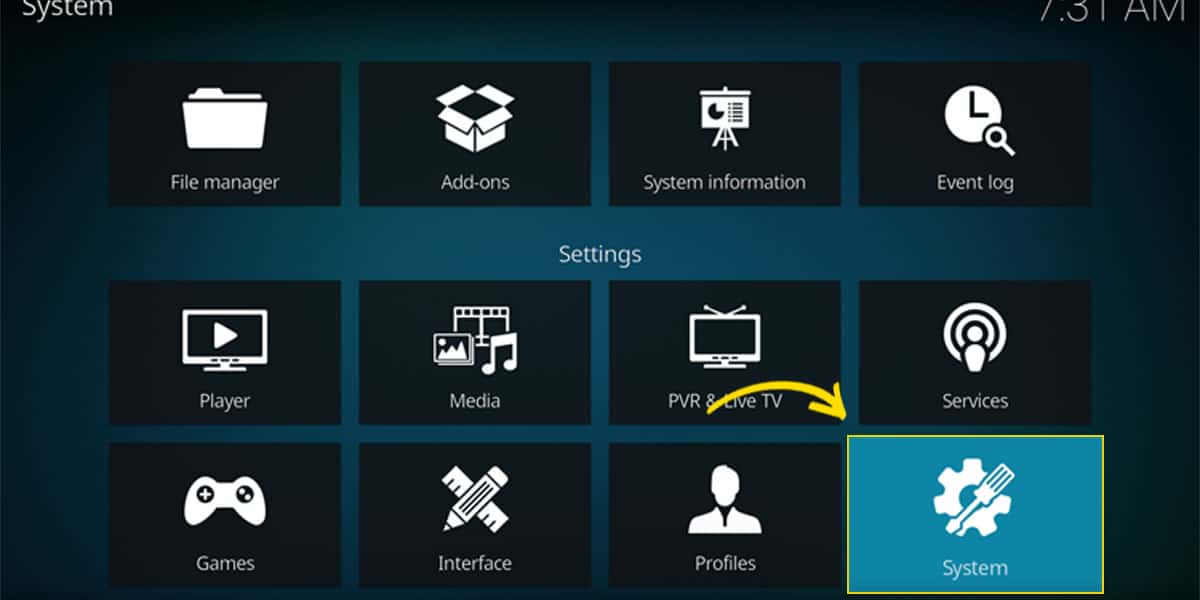 In Kodi's settings section, there is a button leading to the System Settings