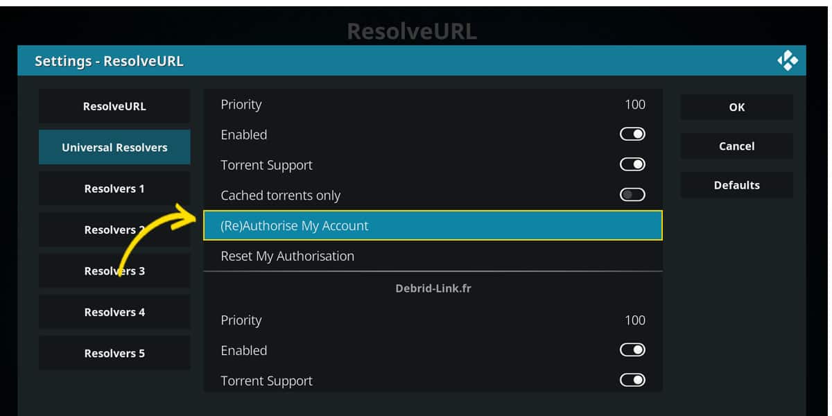 The button to authorize or reauthorize your AllDebrid account on ResolveURL