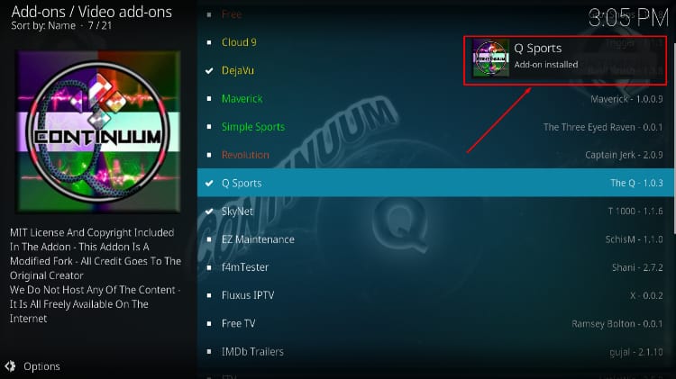 You'll receive a notification after Q Sports addon install process ends on Kodi