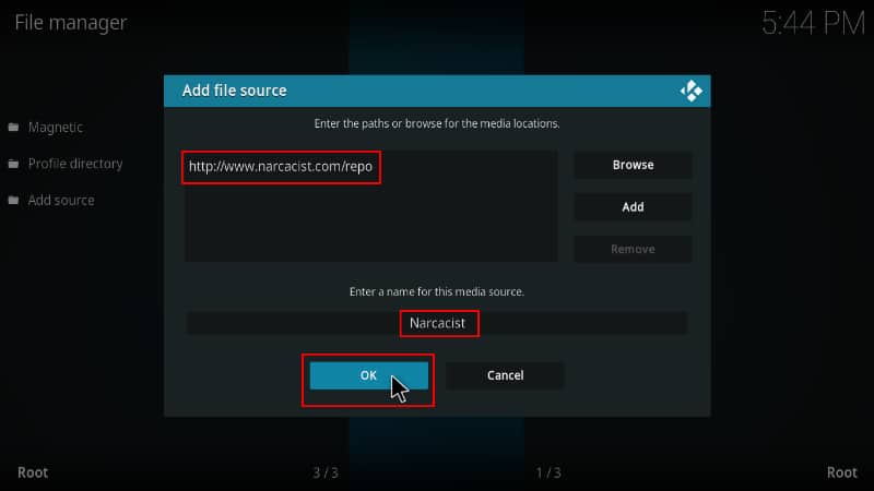 Add-source and type in the URL the source of the repository containing the KodiVerse Addon on Kodi