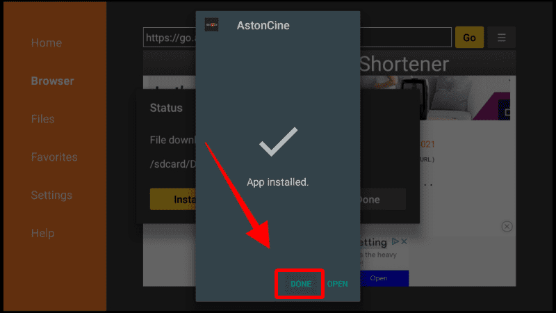 Click Done - installing AstonCine apk