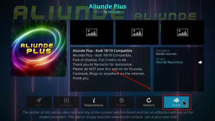 install Aliunde Plus Kodi Addon