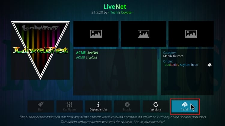 Install LiveNet Kodi addon