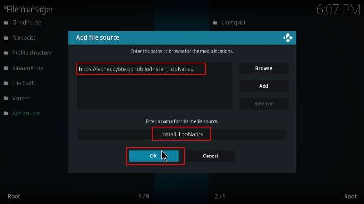Add the required source to install Loonatics Empire Addon on Kodi