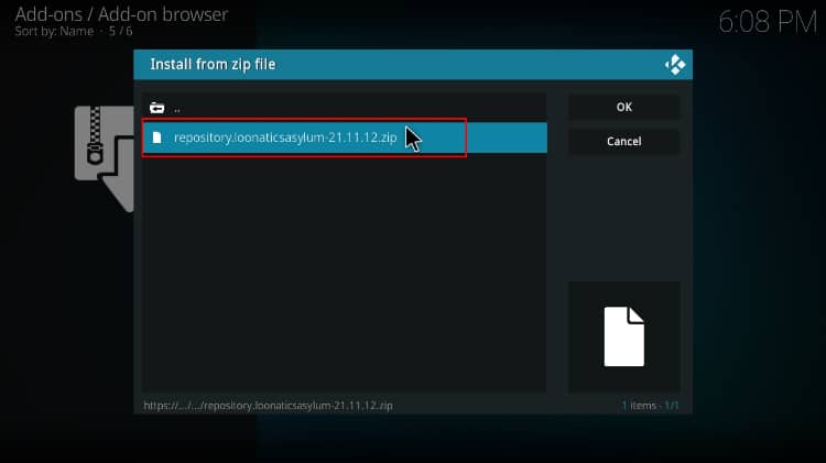 Select Loonatics repo zip file to proceed with the repo install on Kodi