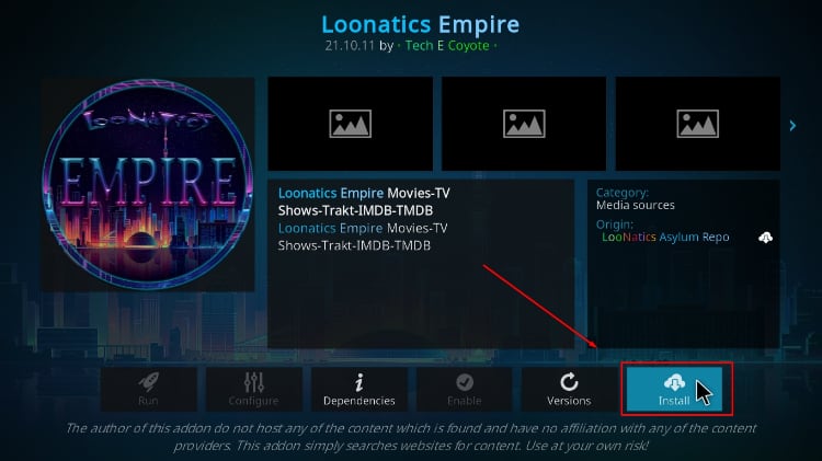 click install to install Loonatics Empire Addon on your Kodi