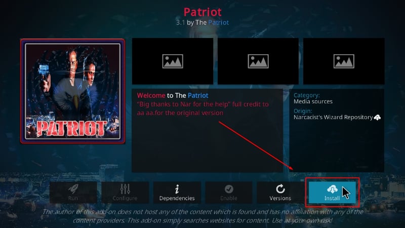 Press install button to have Patriot installed on Kodi