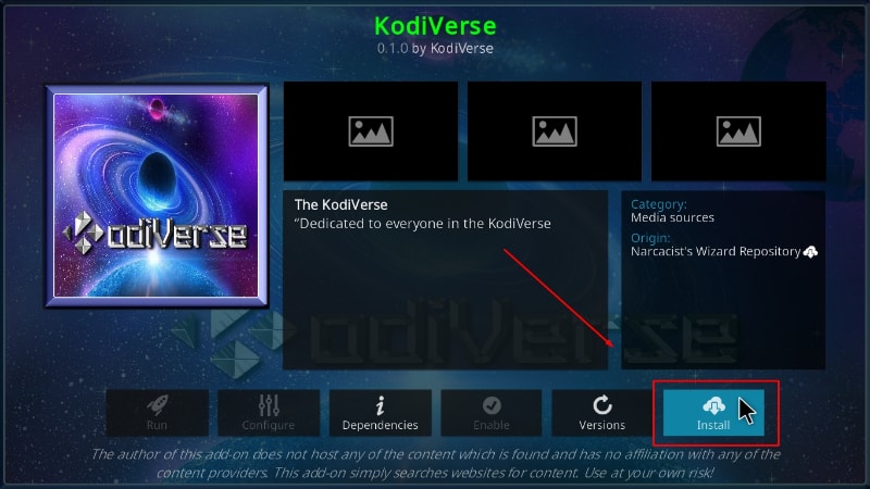 Hit Install to install the Kodi KodiVerse addon on Kodi