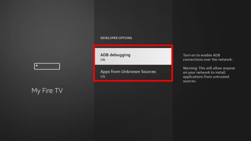Allow ADB Debugging and unknown apps to be able to install remote apps on Firestick