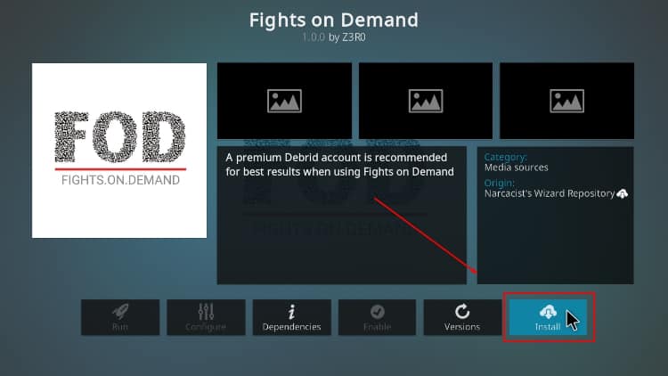 option to install Fights on Demand kodi addon