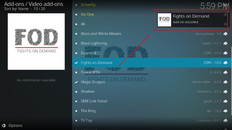 Fights on Demand addon installed on Kodi