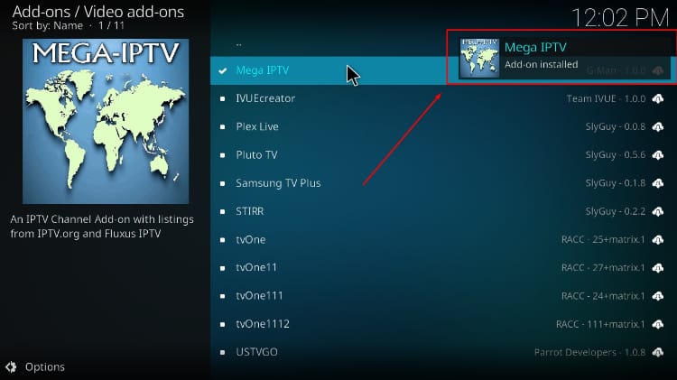 Mega IPTV addon installed