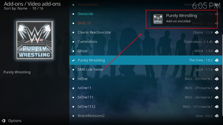 Purely Wrestling Addon finishes the install on Kodi